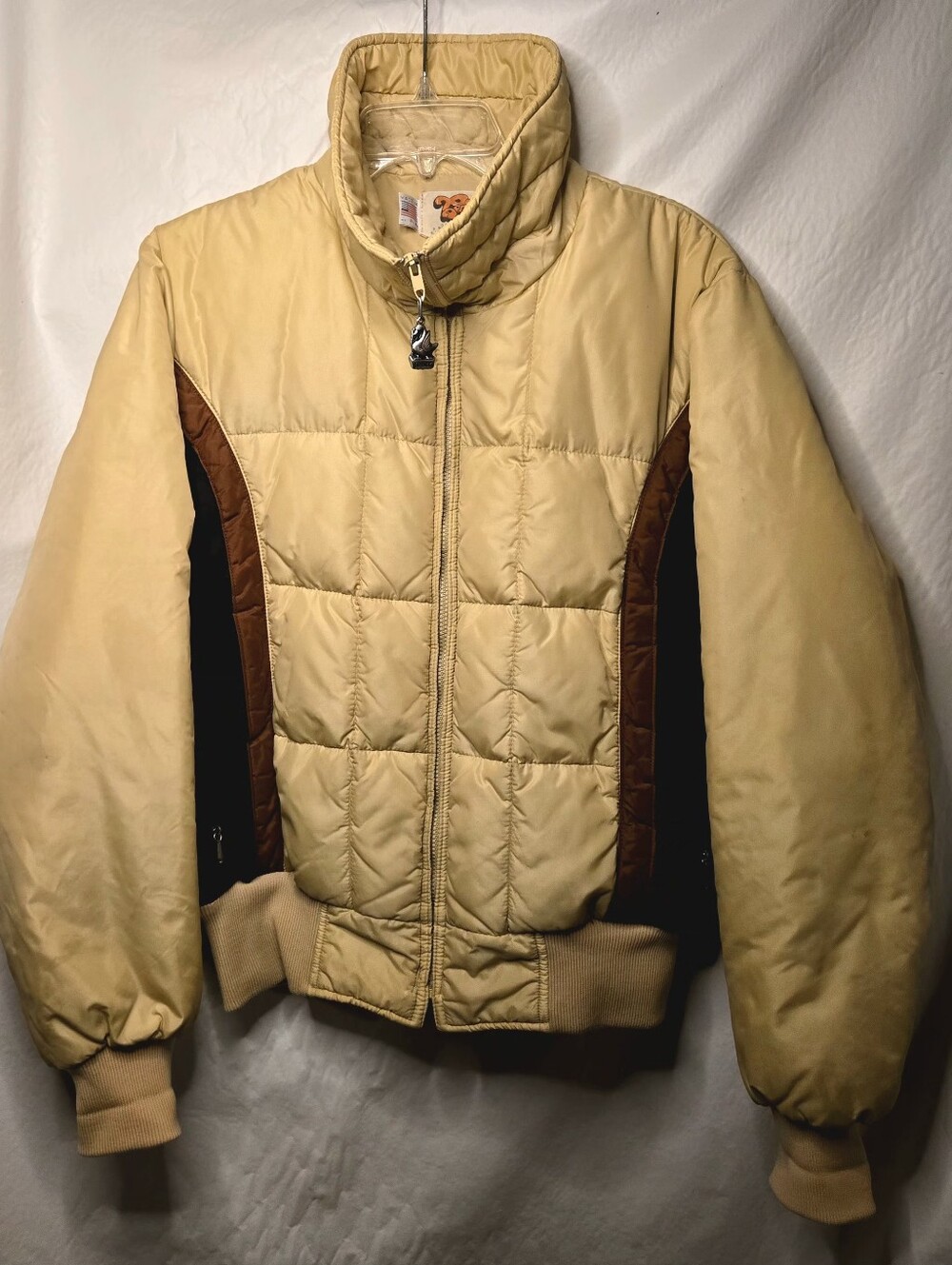 Vintage 70s Comfy Goose Down Puffer Jacket Tan Brown Black Large USA Retro